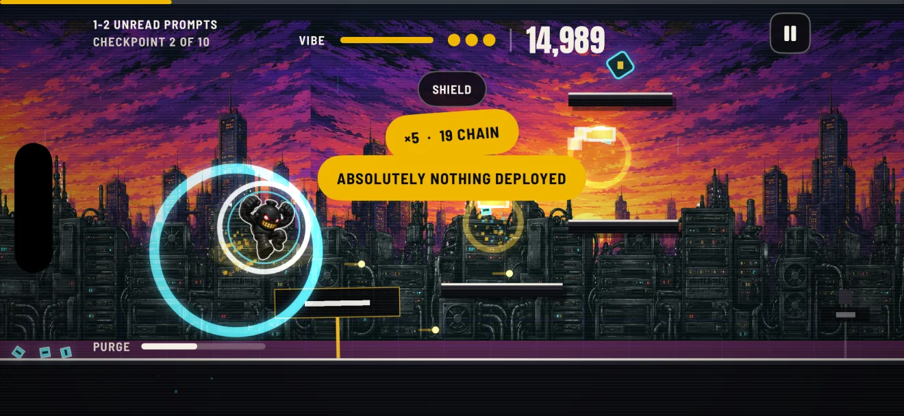 NOTHING.EXE gameplay: the robot running a rooftop over the city