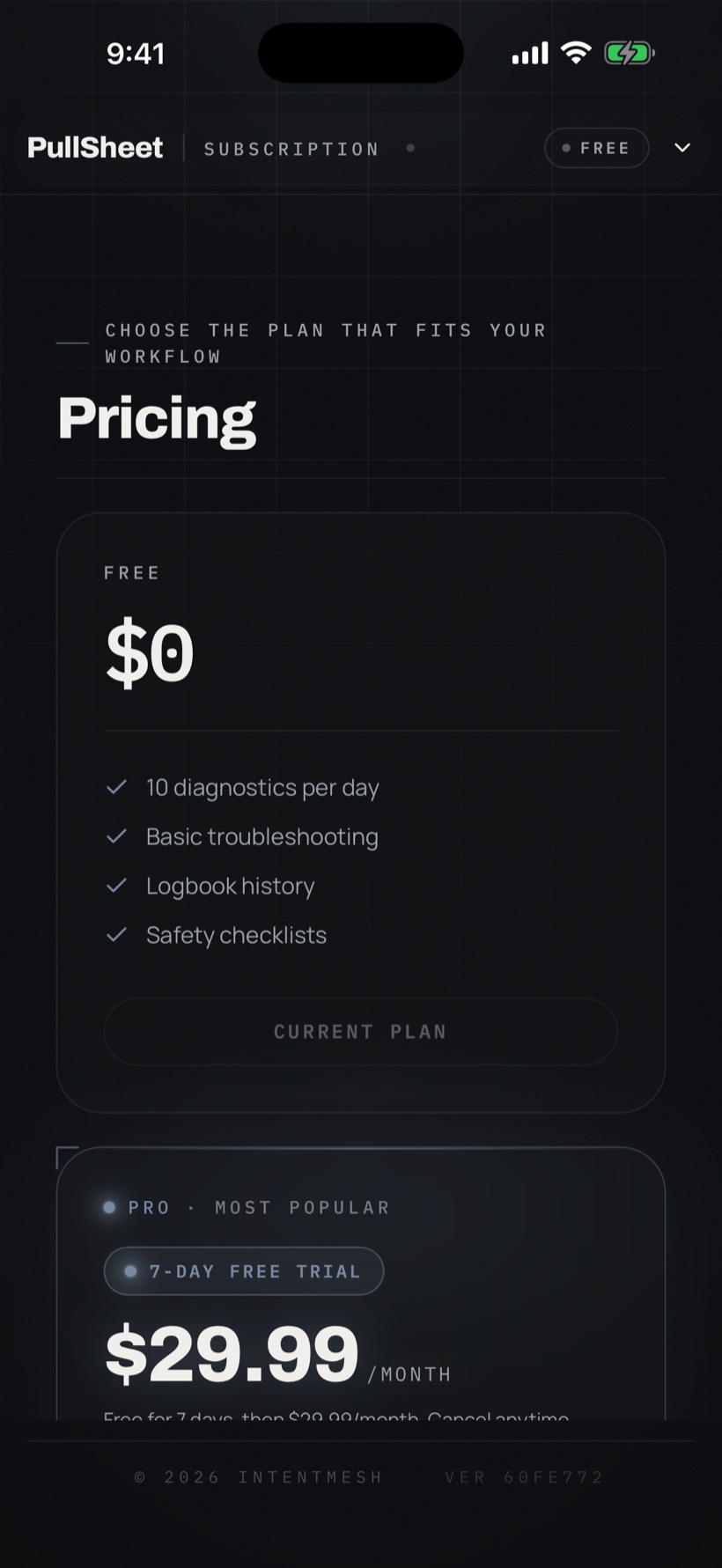 PullSheet pricing screen
